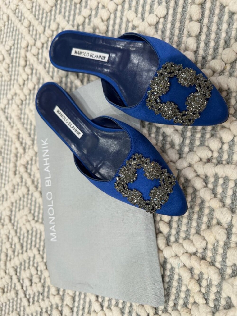 Manolo Blahnik Hangisi Blue Satin Crystal Mules EU 36.5